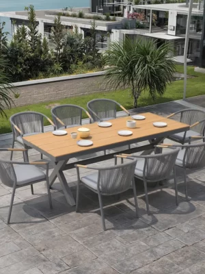 Outdoor Dining Set with Aluminum Frame and Rope Weaving Waterproof Wood Panel for Patio Courtyard Hotels Parks Villas