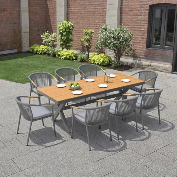 Outdoor Dining Set with Aluminum Frame and Rope Weaving Waterproof Wood Panel for Patio Courtyard Hotels Parks Villas