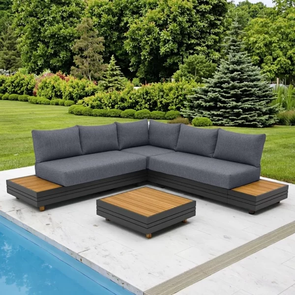 Modern Outdoor Aluminium Wood Lounge Furniture Weather-Resistant Garden Sofa Set for Villa Patio Hotel Courtyard Exterior Use