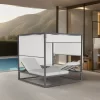 Modern Double Chaise Lounge Chair Durable Metal Outdoor Beach Sun Bed Teak Wood Aluminum Frame  for Patio Park Hotel Use