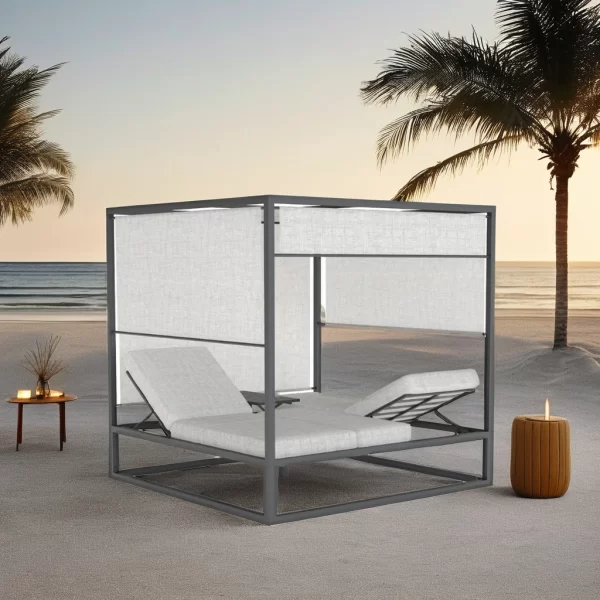 Modern Double Chaise Lounge Chair Durable Metal Outdoor Beach Sun Bed Teak Wood Aluminum Frame  for Patio Park Hotel Use