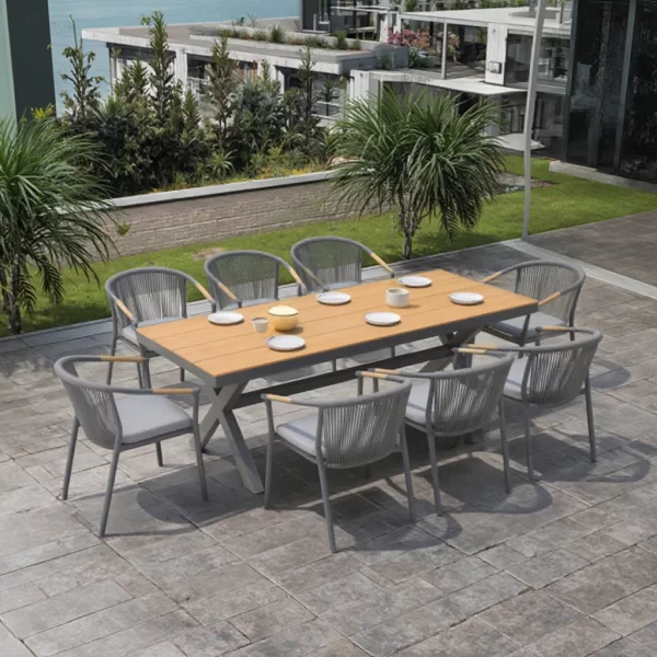 Outdoor Dining Set with Aluminum Frame and Rope Weaving Waterproof Wood Panel for Patio Courtyard Hotels Parks Villas