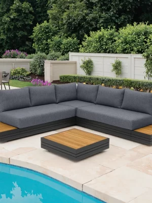 Modern Outdoor Aluminium Wood Lounge Furniture Weather-Resistant Garden Sofa Set for Villa Patio Hotel Courtyard Exterior Use