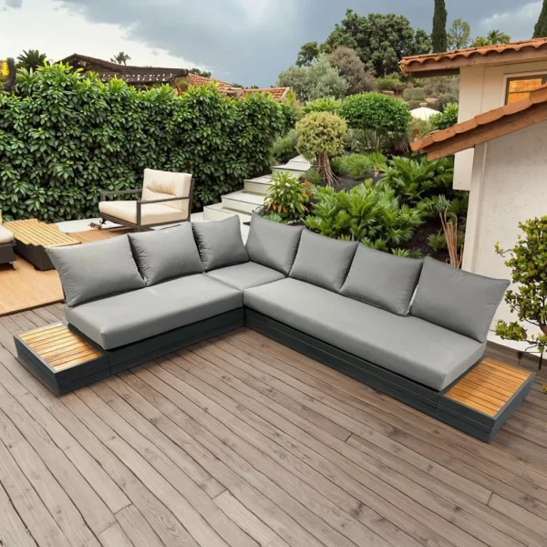 Modern Outdoor Aluminium Wood Lounge Furniture Weather-Resistant Garden Sofa Set for Villa Patio Hotel Courtyard Exterior Use