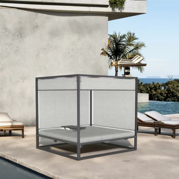 Modern Double Chaise Lounge Chair Durable Metal Outdoor Beach Sun Bed Teak Wood Aluminum Frame  for Patio Park Hotel Use
