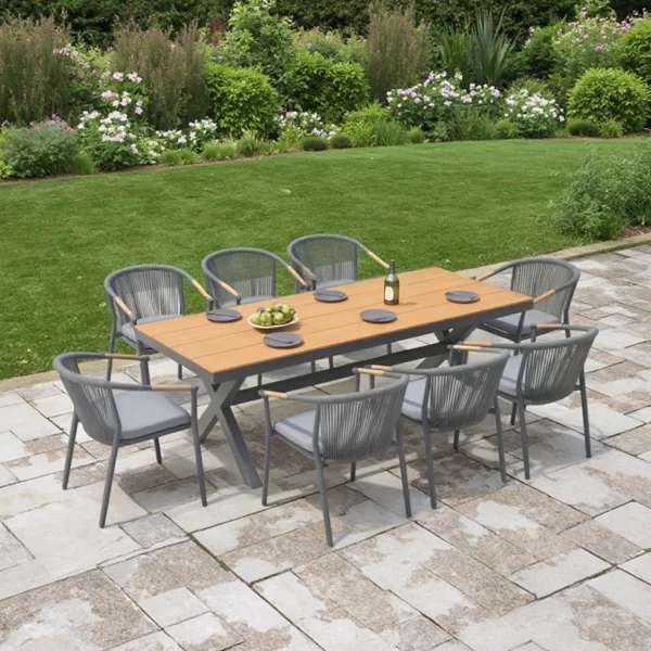 Outdoor Dining Set with Aluminum Frame and Rope Weaving Waterproof Wood Panel for Patio Courtyard Hotels Parks Villas