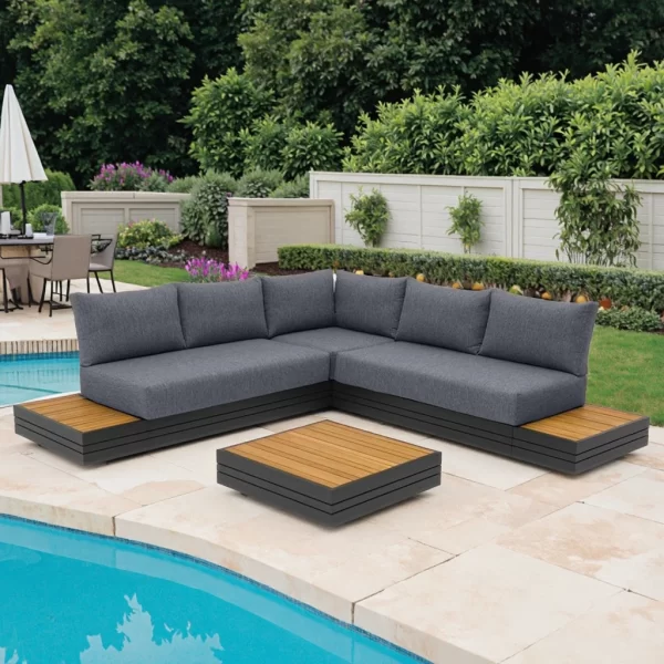 Modern Weather-Resistant Outdoor Aluminum Wood Garden Sofa Set Durable Traditional for Patio Lounge Hotel Courtyard Exterior Use