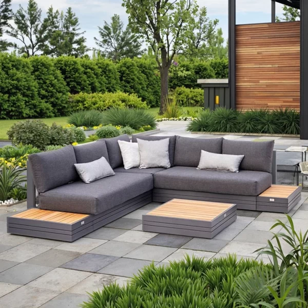 Modern Outdoor Aluminium Wood Lounge Furniture Weather-Resistant Garden Sofa Set for Villa Patio Hotel Courtyard Exterior Use