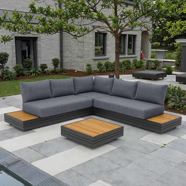 Modern High Quality Outdoor Sectional Sofa Set Rattan Material with Teak for Garden Park Hotel Balcony or Patio Use