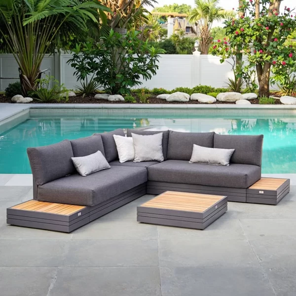 Modern High Quality Outdoor Sectional Sofa Set Rattan Material with Teak for Garden Park Hotel Balcony or Patio Use