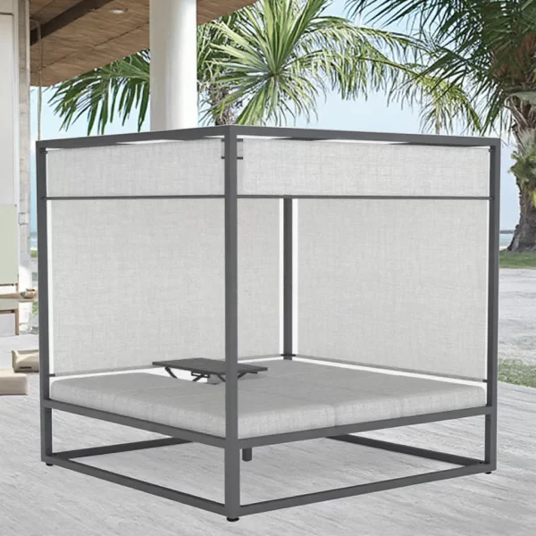 Modern Double Chaise Lounge Chair Durable Metal Outdoor Beach Sun Bed Teak Wood Aluminum Frame  for Patio Park Hotel Use