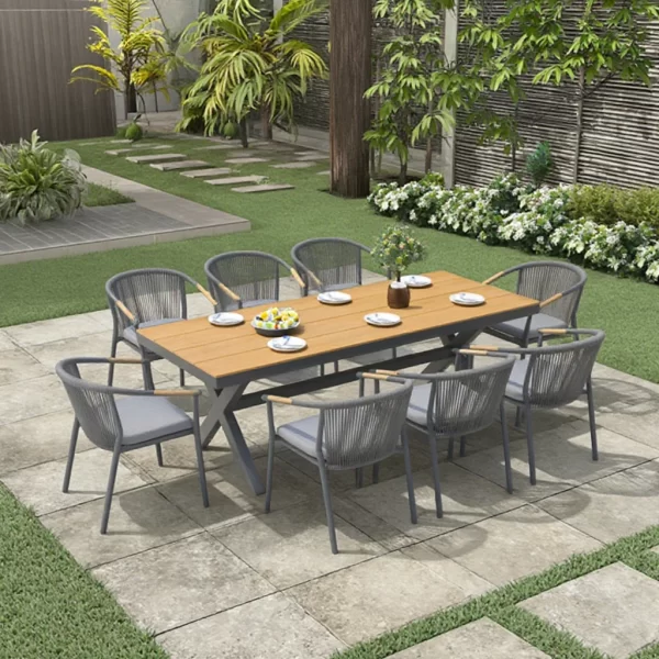 Outdoor Dining Set with Aluminum Frame and Rope Weaving Waterproof Wood Panel for Patio Courtyard Hotels Parks Villas