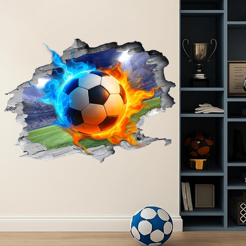 3D Soccer Wall Sticker Flame Football Wall Decals Breaking The Walls Peel and Stick Vinyl Art Mural for Boys Kids Teenager Room Playroom Home Livingroom Bedroom Nursery Decor