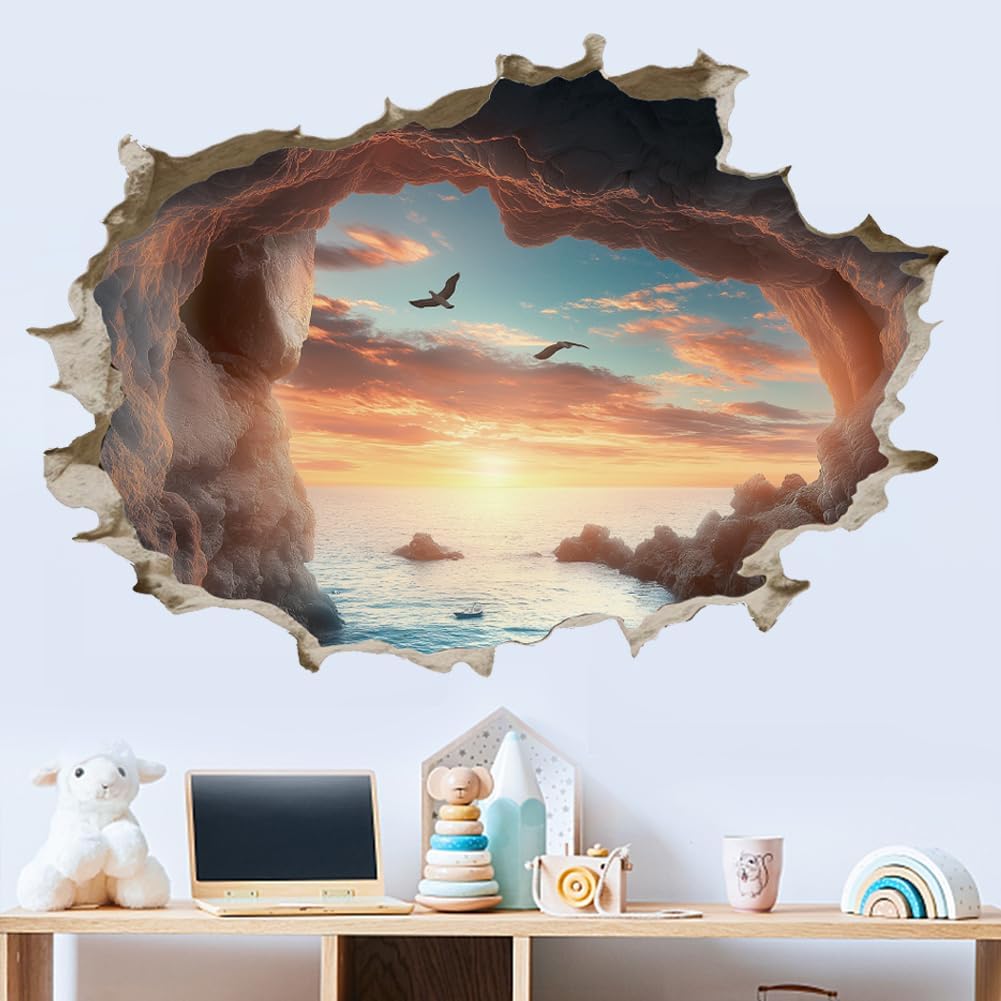 3D Cave by The Sea Wall Stickers 3D Broken Wall Decal Cave Seascape Peel and Stick Vinyl Art Decor Seaside Mural for Bedroom Living Room Nursery Bathroom Housewarming Gift