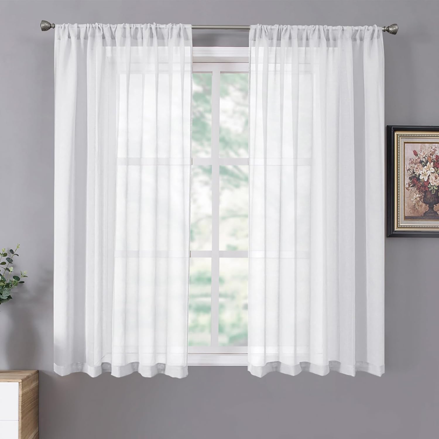 Short Sheer Curtains Linen Textured Bedroom Curtain Sheers Light Filtering Rod Pocket Voile Curtains for Living Room, 54 x 45 inches Long, White, Set of 2 Panels