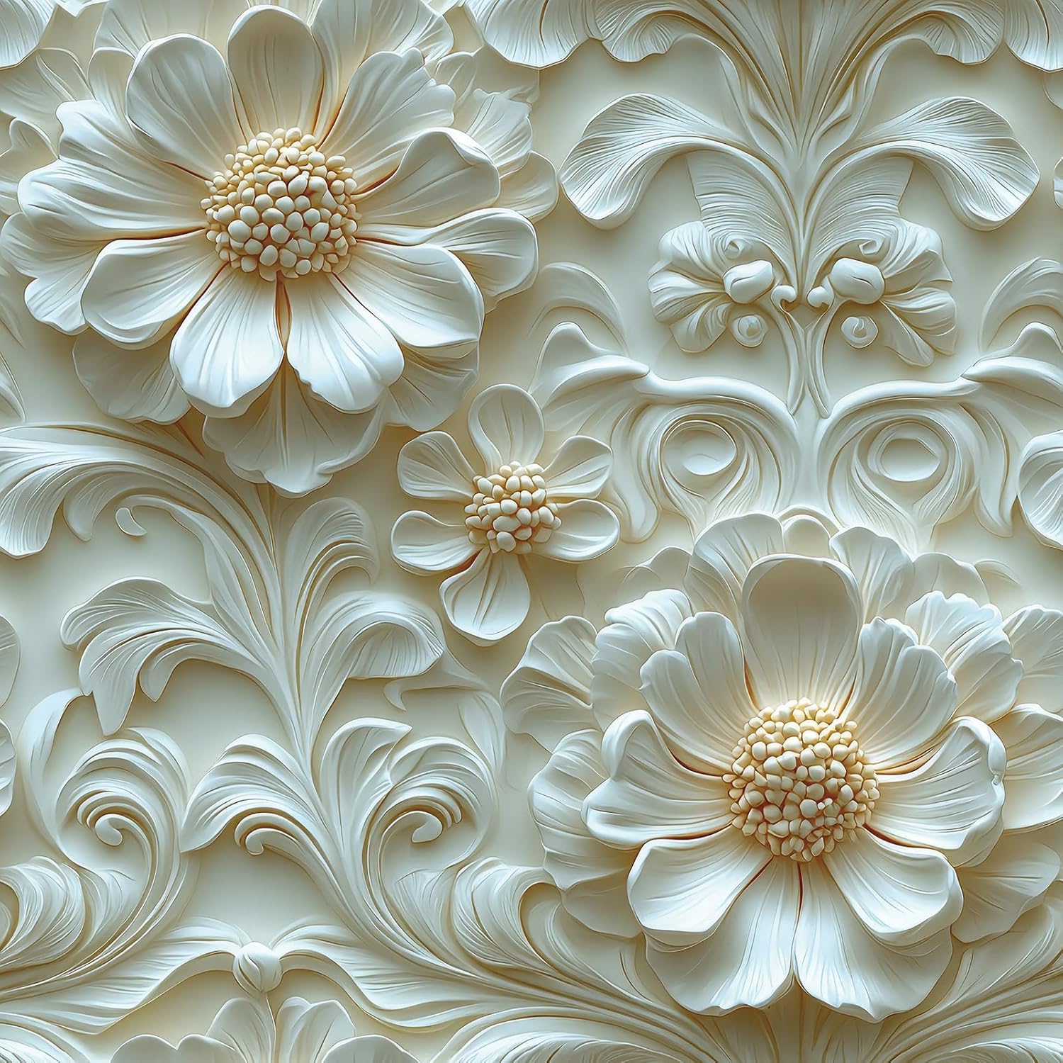 17.5x276" Vintage 3D Floral Peel and Stick Wallpaper Faux Embossed Flower Cream White Wallpaper Flowers Renter Friendly Ceiling Wall Panel White and Gold Floral Contact Paper for Kitchen