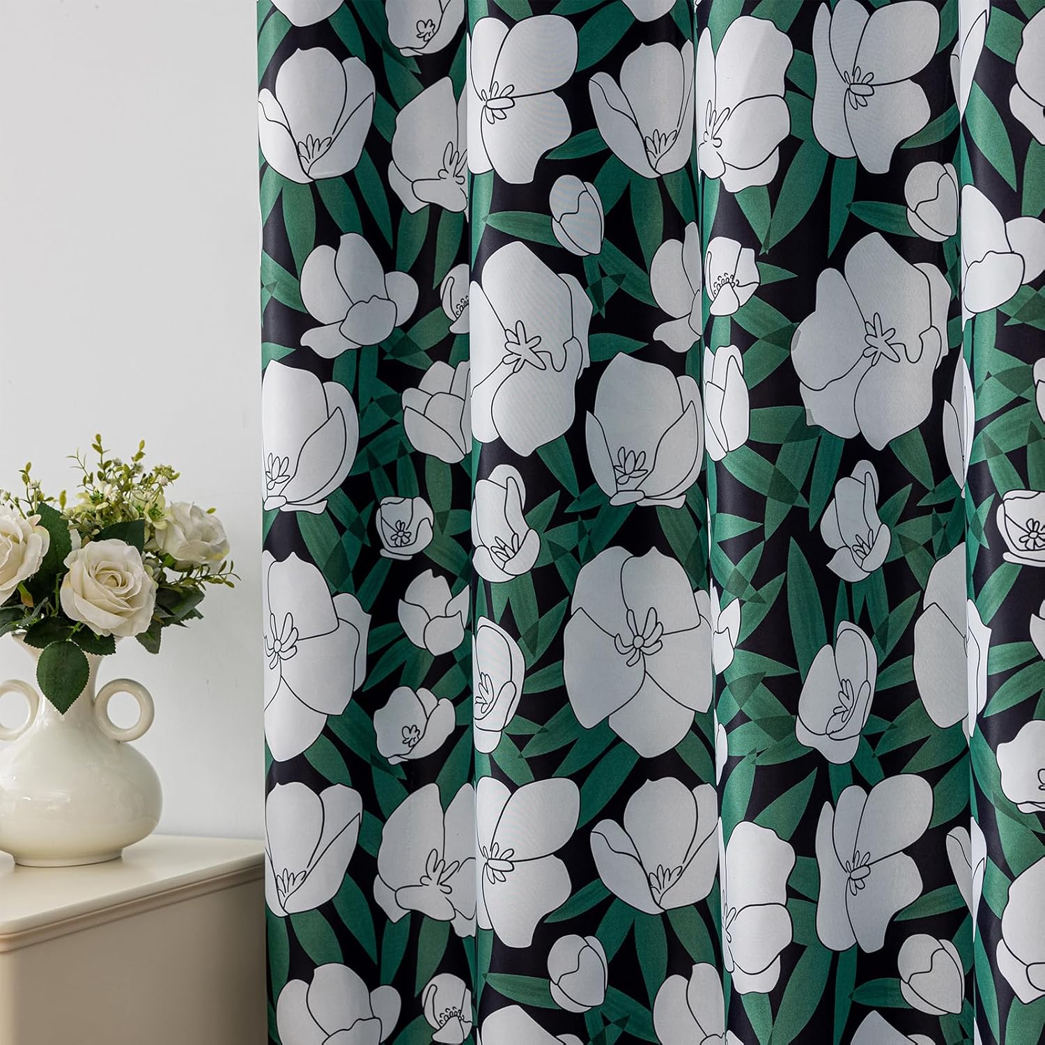 Dark Green Vintage Floral Blackout Curtains for Bedroom 84 inches Long 2 Panels Print White Flower Room Darkening Window Drapes for Living Room